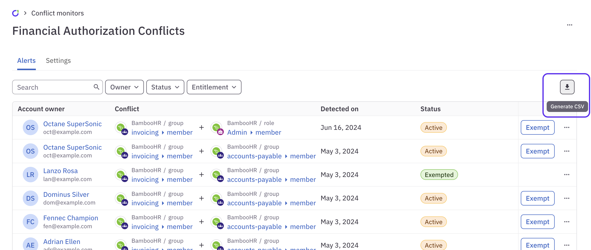 A report of a conflict monitor's alerts.