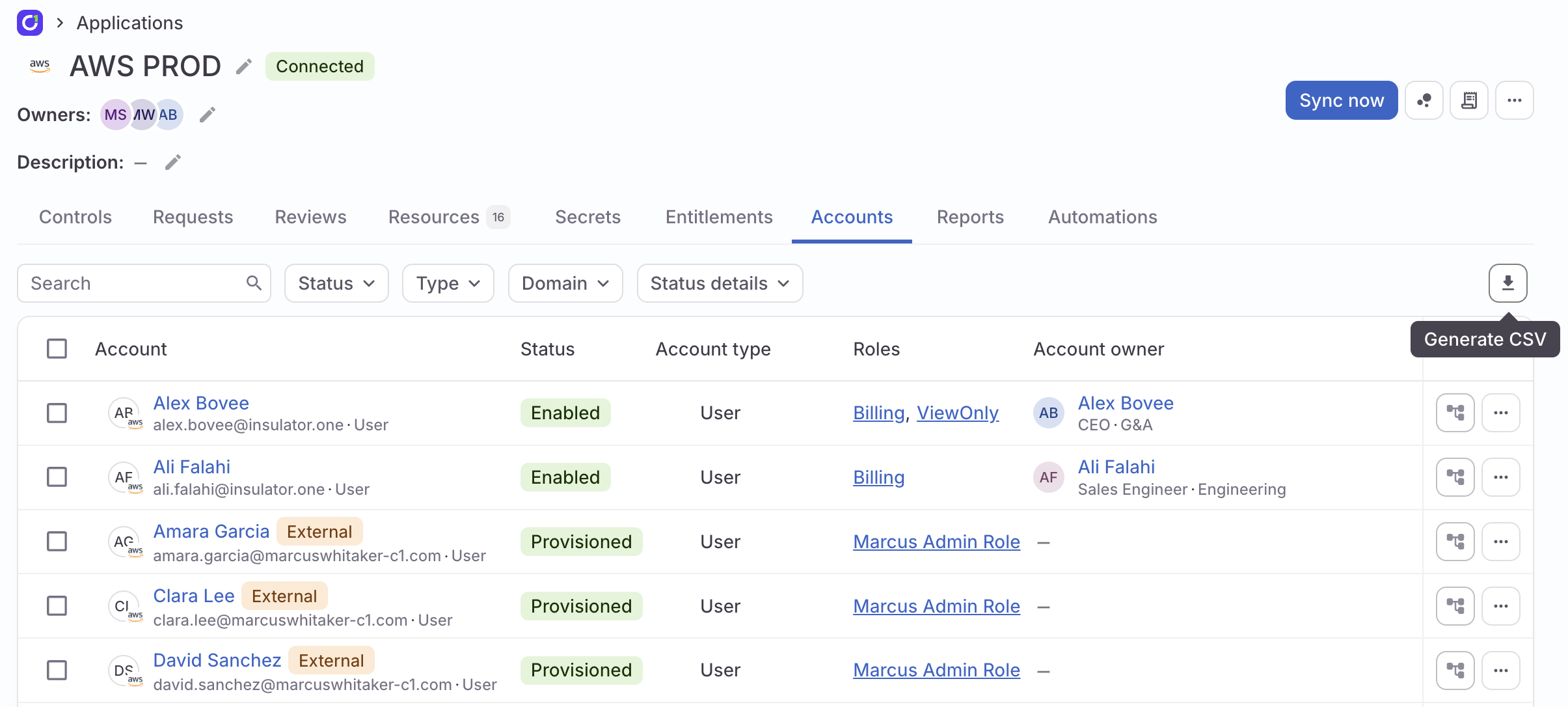 A screenshot of a Slack application's Accounts tab in ConductorOne.
