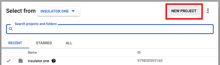 The NEW PROJECT option in the project select dropdown