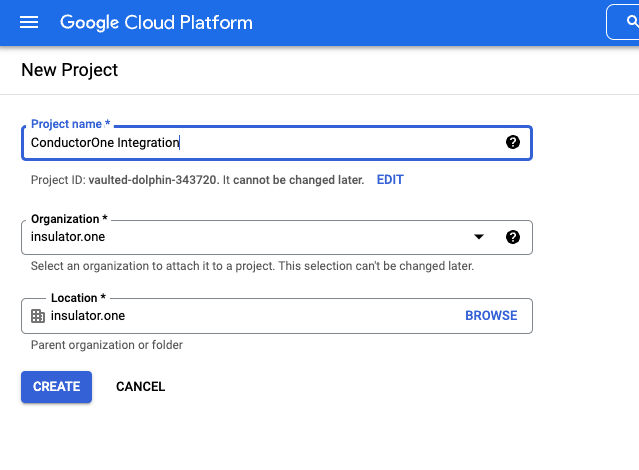 The new project creation form