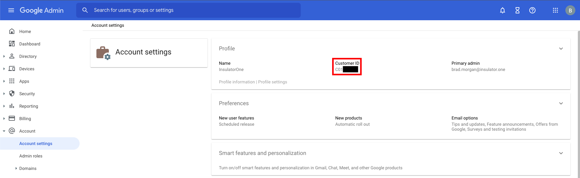 The Account Settings page showing the Customer ID field