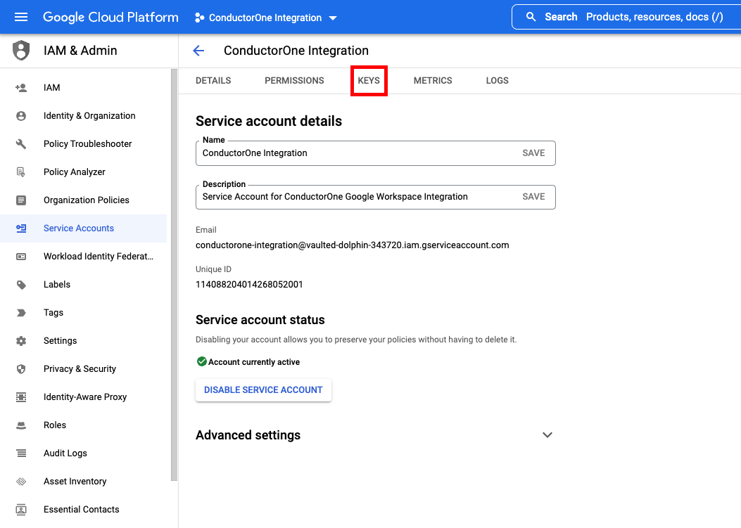 The KEYS tab on the service account details page