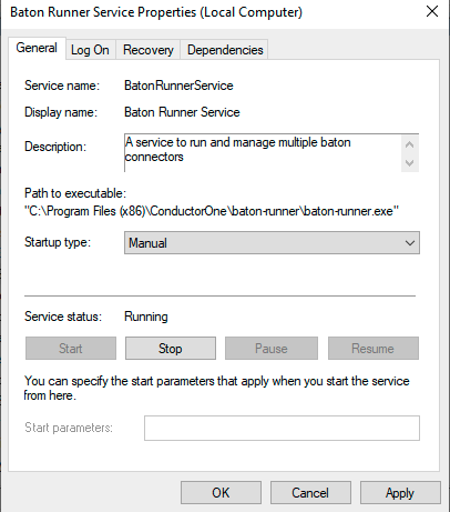 Services window showing baton-runner with Running status