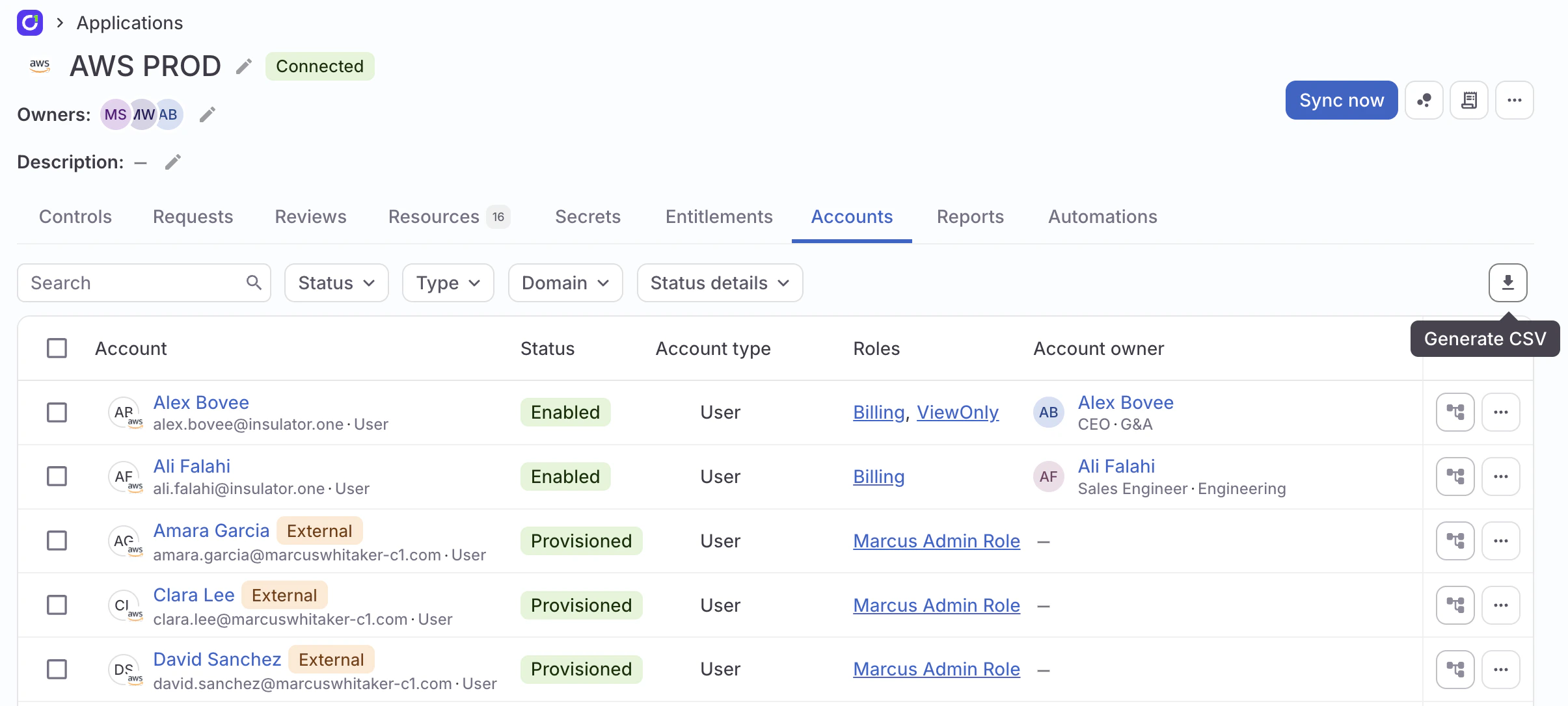 A screenshot of a Slack application's Accounts tab in ConductorOne.