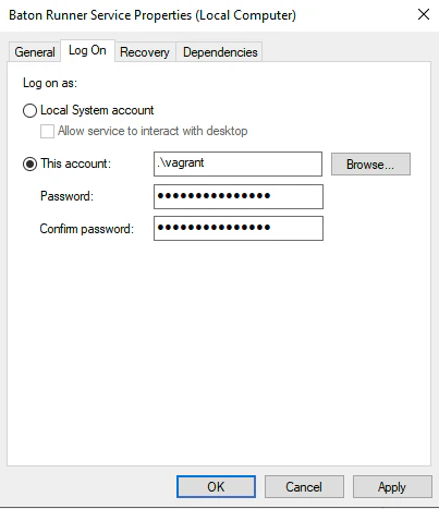 Service properties Log On tab with user account selected