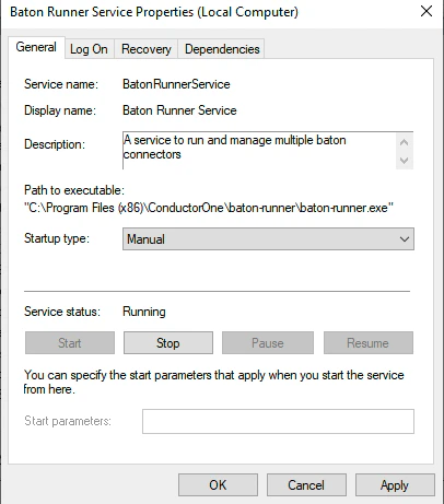 Services window showing baton-runner with Running status