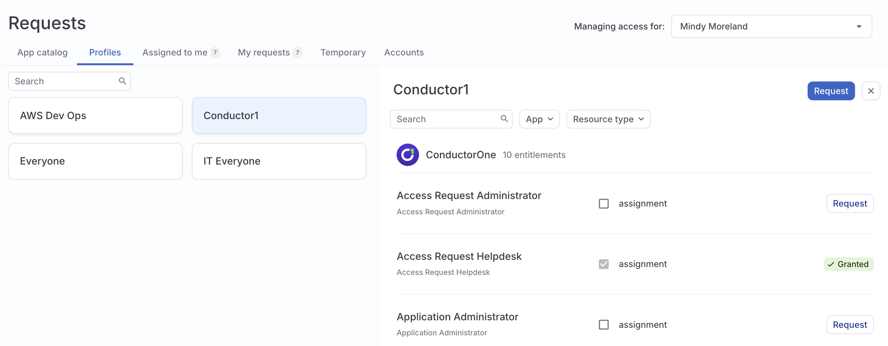The Access profiles tab showing six available profiles.