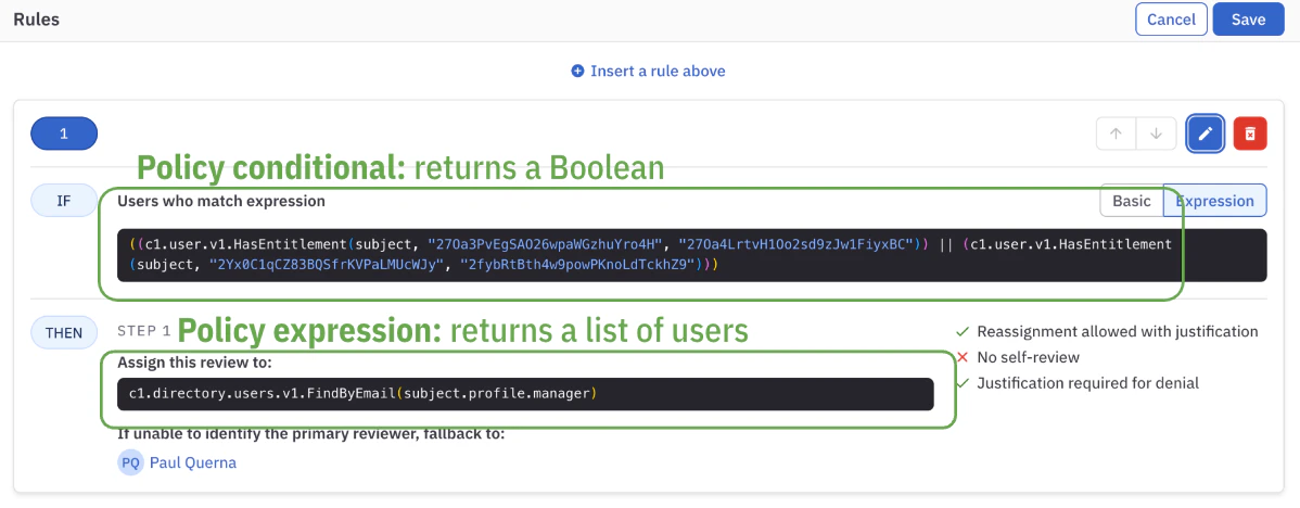 A policy's details view, showing the policy conditionals and expressions.