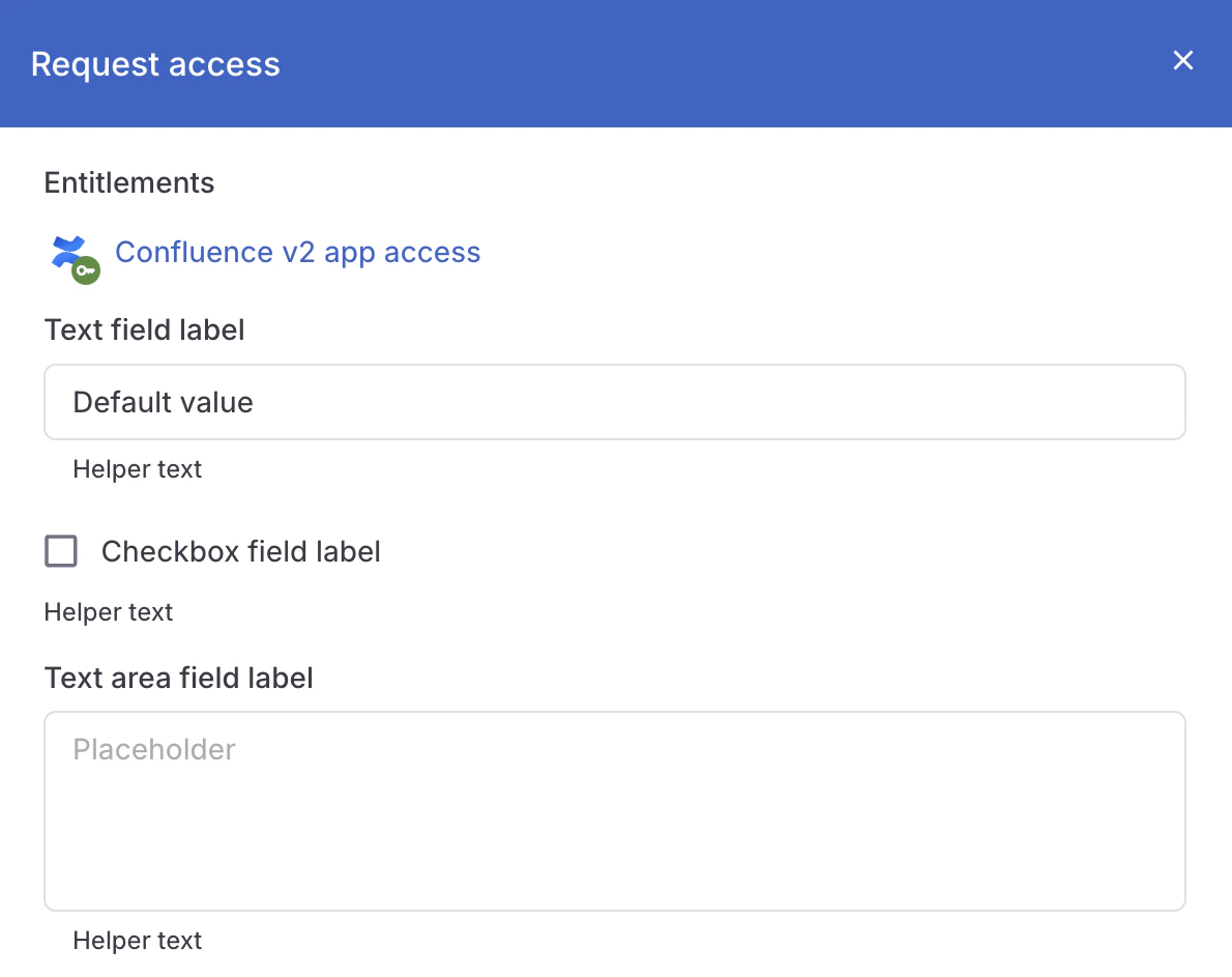 A screenshot showing a request modal on the Requests page with a request form showing the three field types. Each field element is labeled with its type: the text field's field label reads Text field label, the placeholder value is Placeholder, and so on.