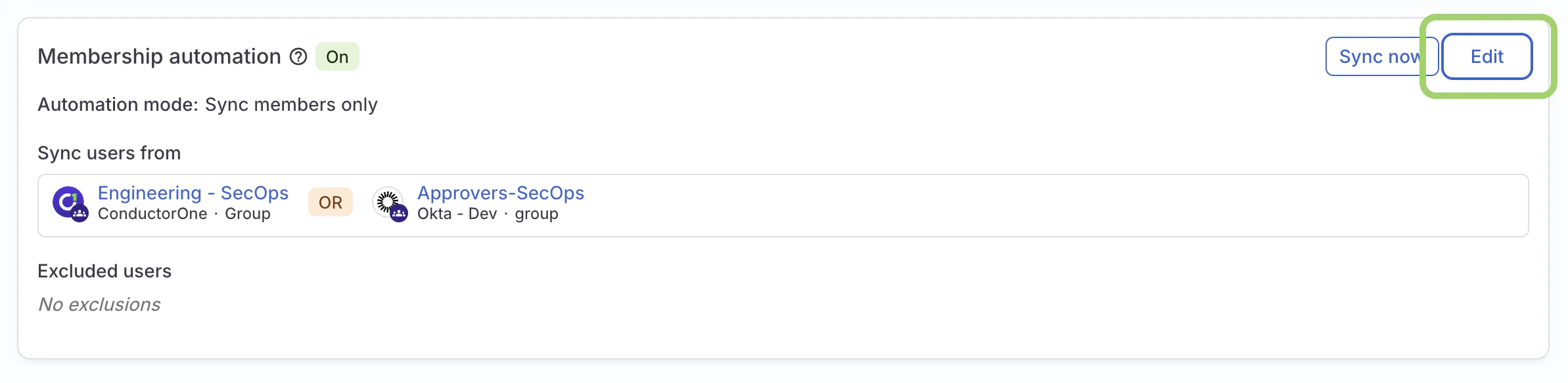 The membership automation summary area of the Controls tab, with a green box highlighting the Edit button.