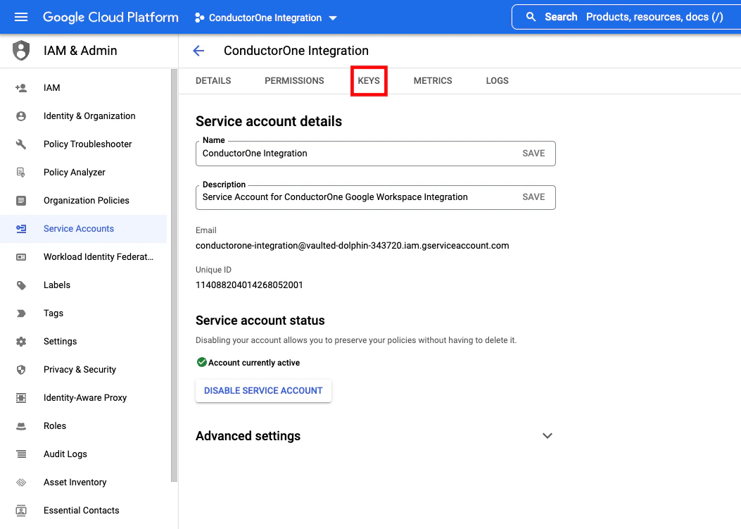 The KEYS tab on the service account details page