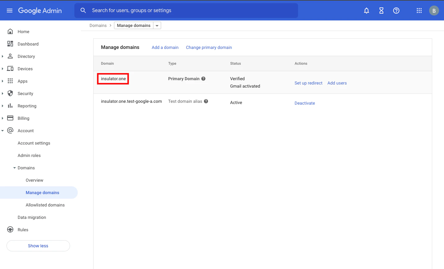 The Manage Domains page with the Primary Domain highlighted in the Type column