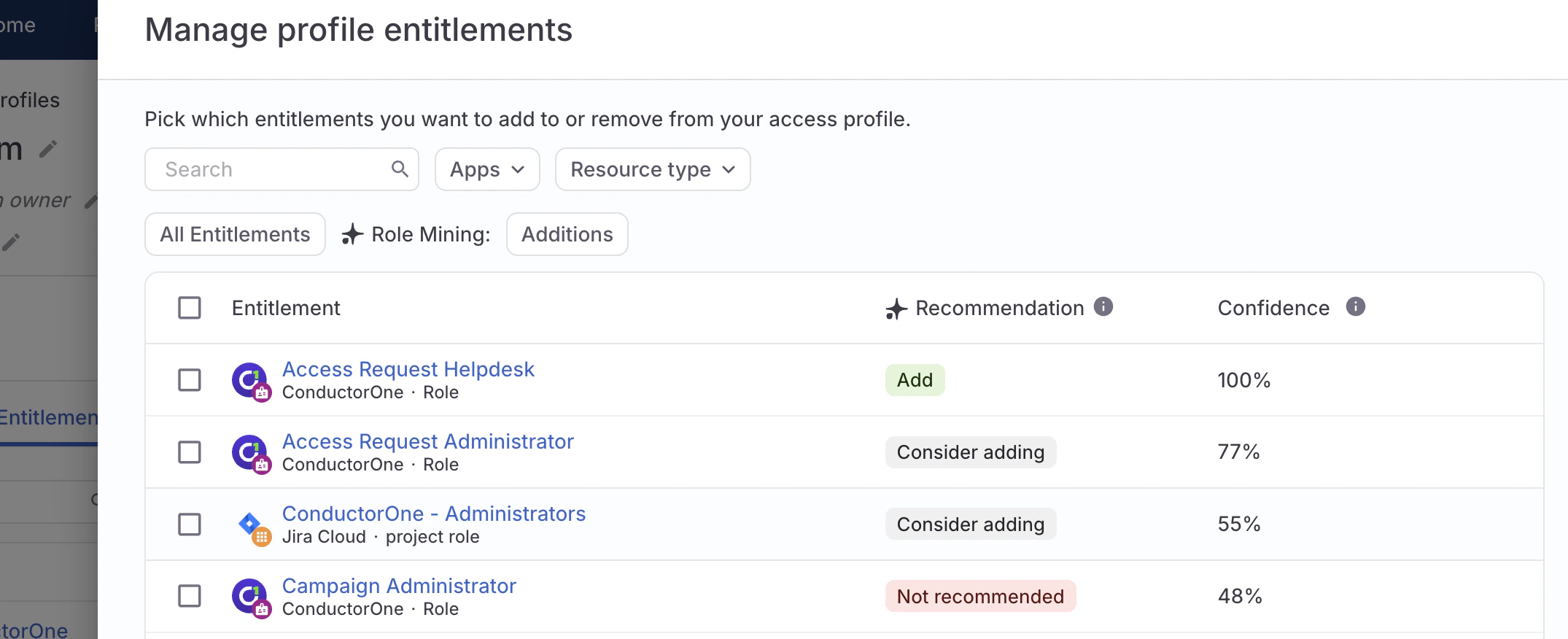 A screenshot of an access profile's manage entitlements drawer, showing entitlements tagged with a recommendation to add or consider adding to the profile.