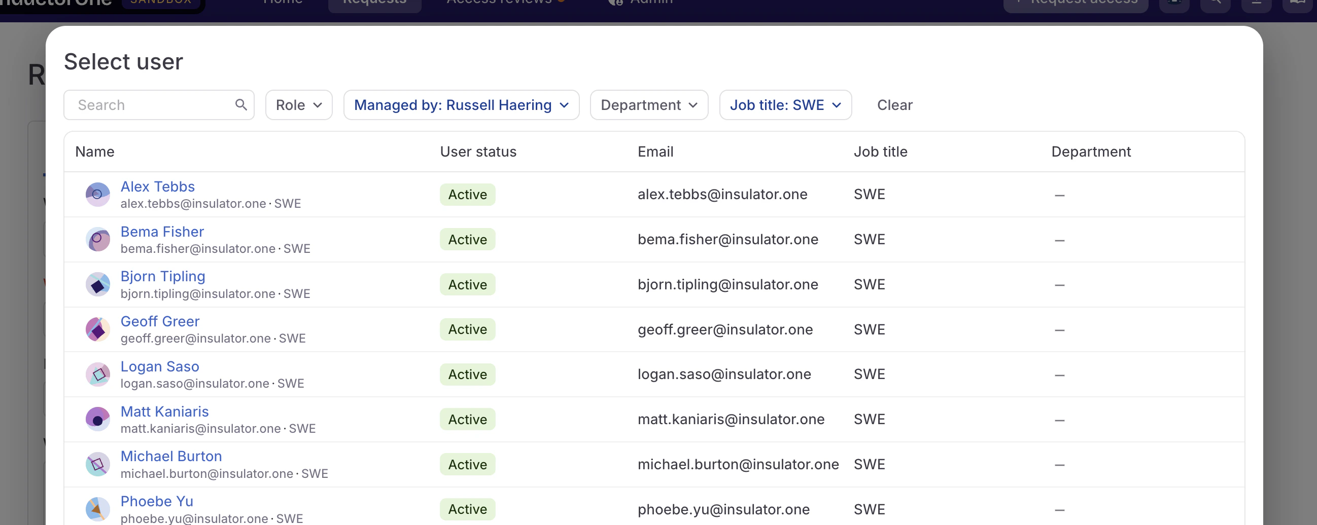 A screenshot of a user selection modal, showing the managed by and job title fields in use.