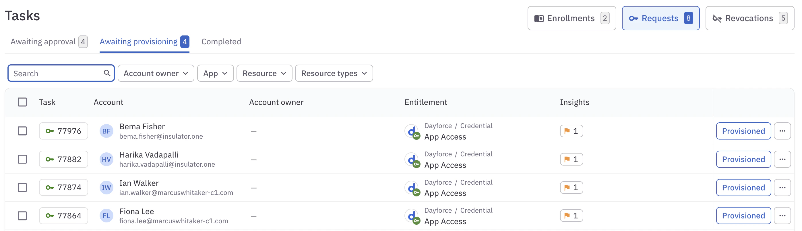 A list of provisioning tasks assigned to the user.