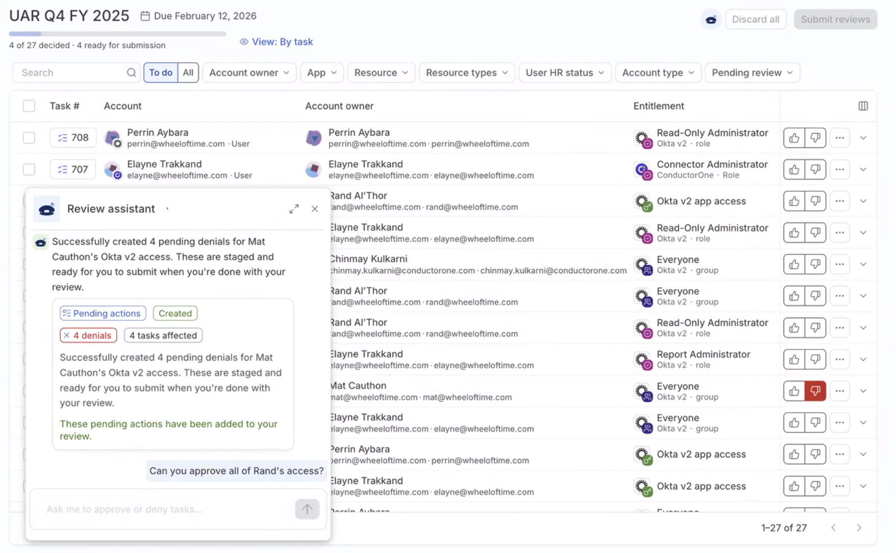 The review agent open in a user's Reviews view, showing staged actions and a prompt from the user asking to approve a specific user's access.