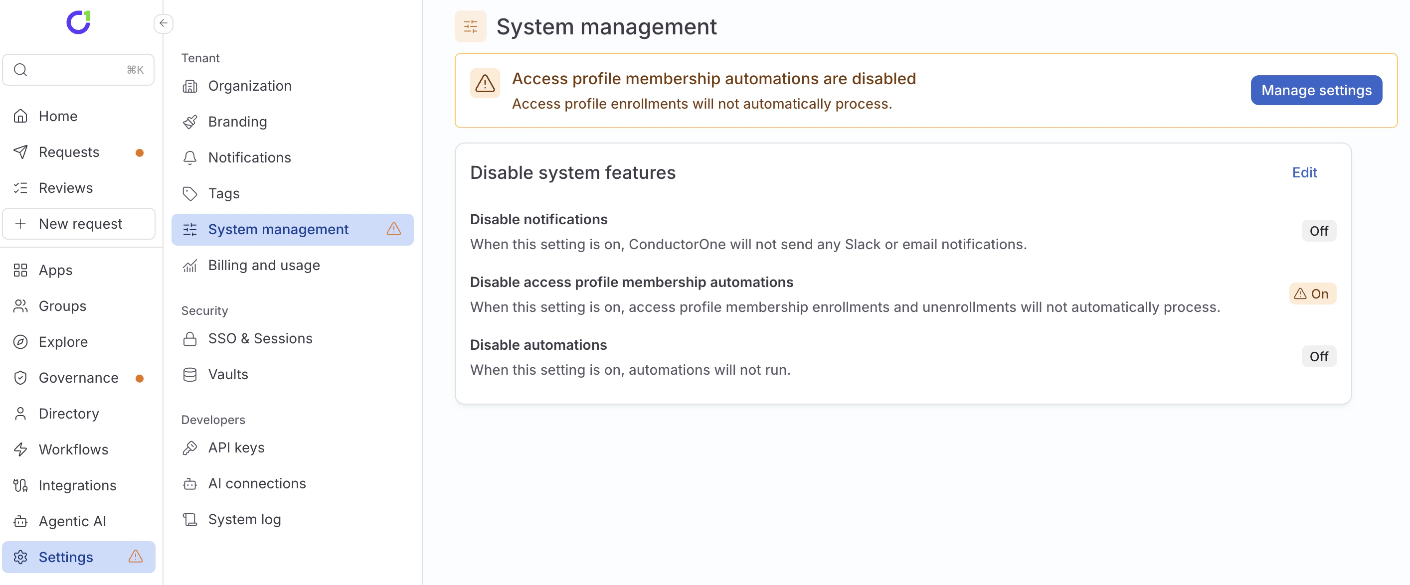 A screenshot showing ConductorOne with a banner stating that access profile membership automations are disabled.