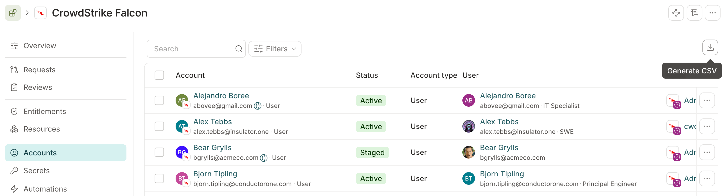 A screenshot of a Slack application's Accounts tab in C1.