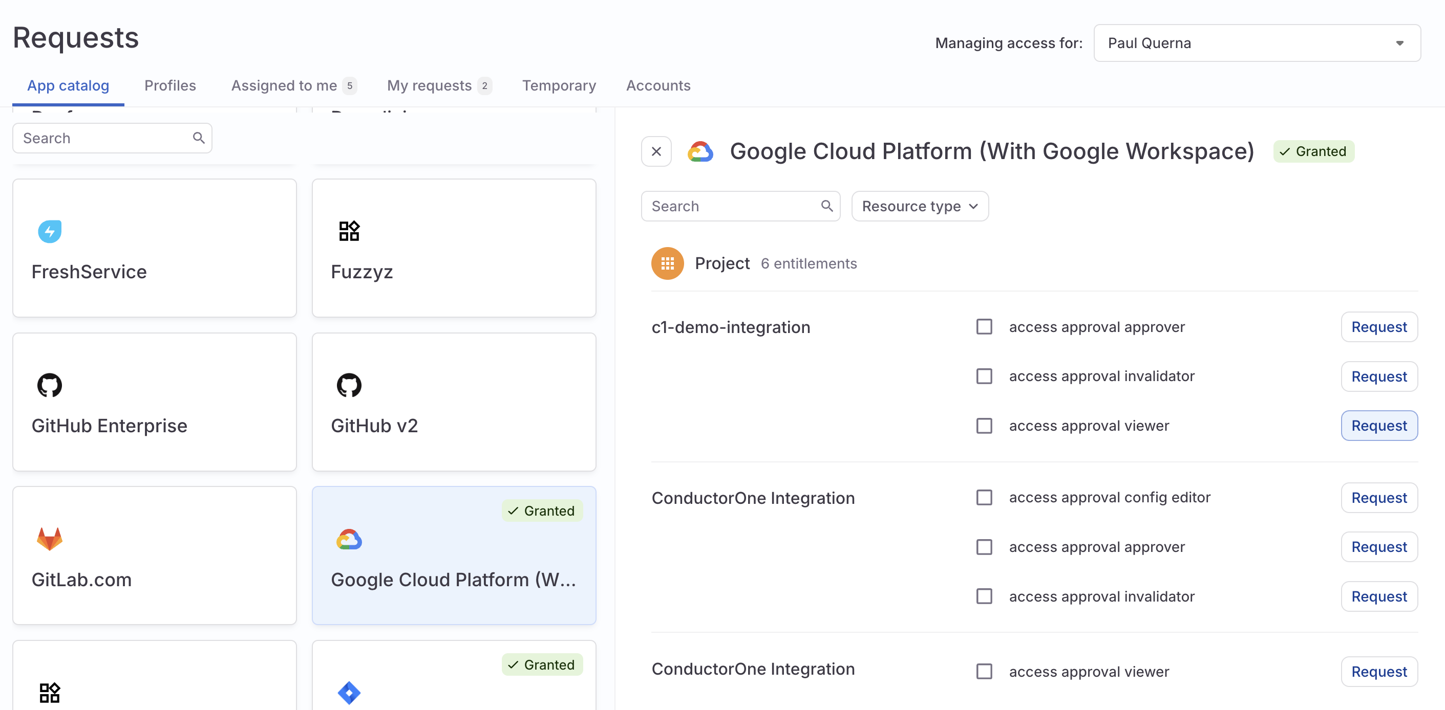 The app catalog tab page showing available entitlements with one entitlement selected.