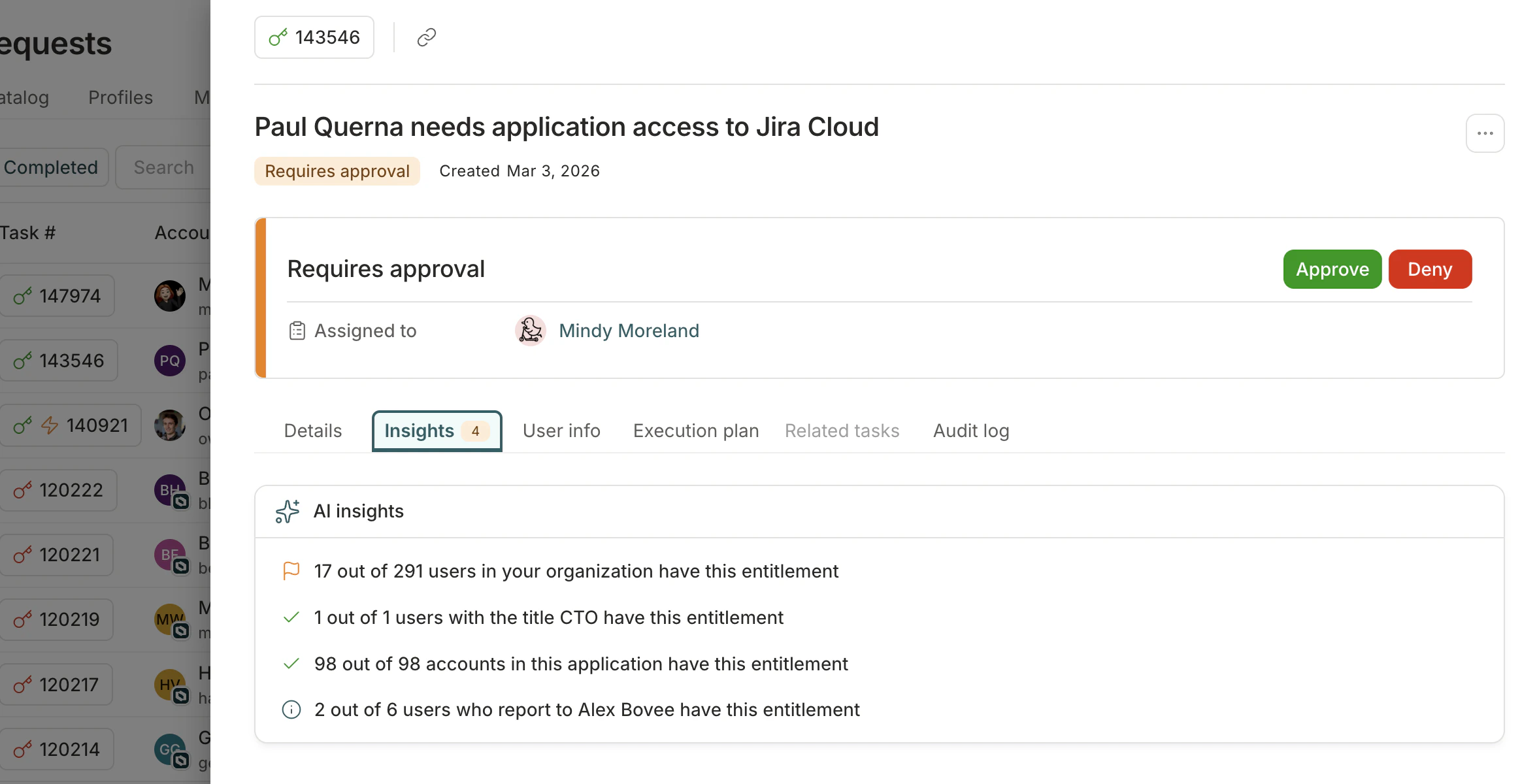 The detail view of a request task showing a list of Insights.