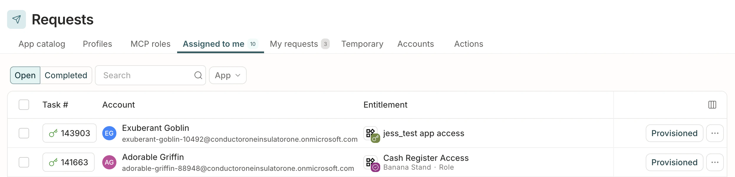 A list of provisioning tasks assigned to the user.