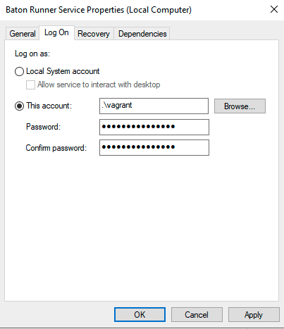 Service properties Log On tab with user account selected