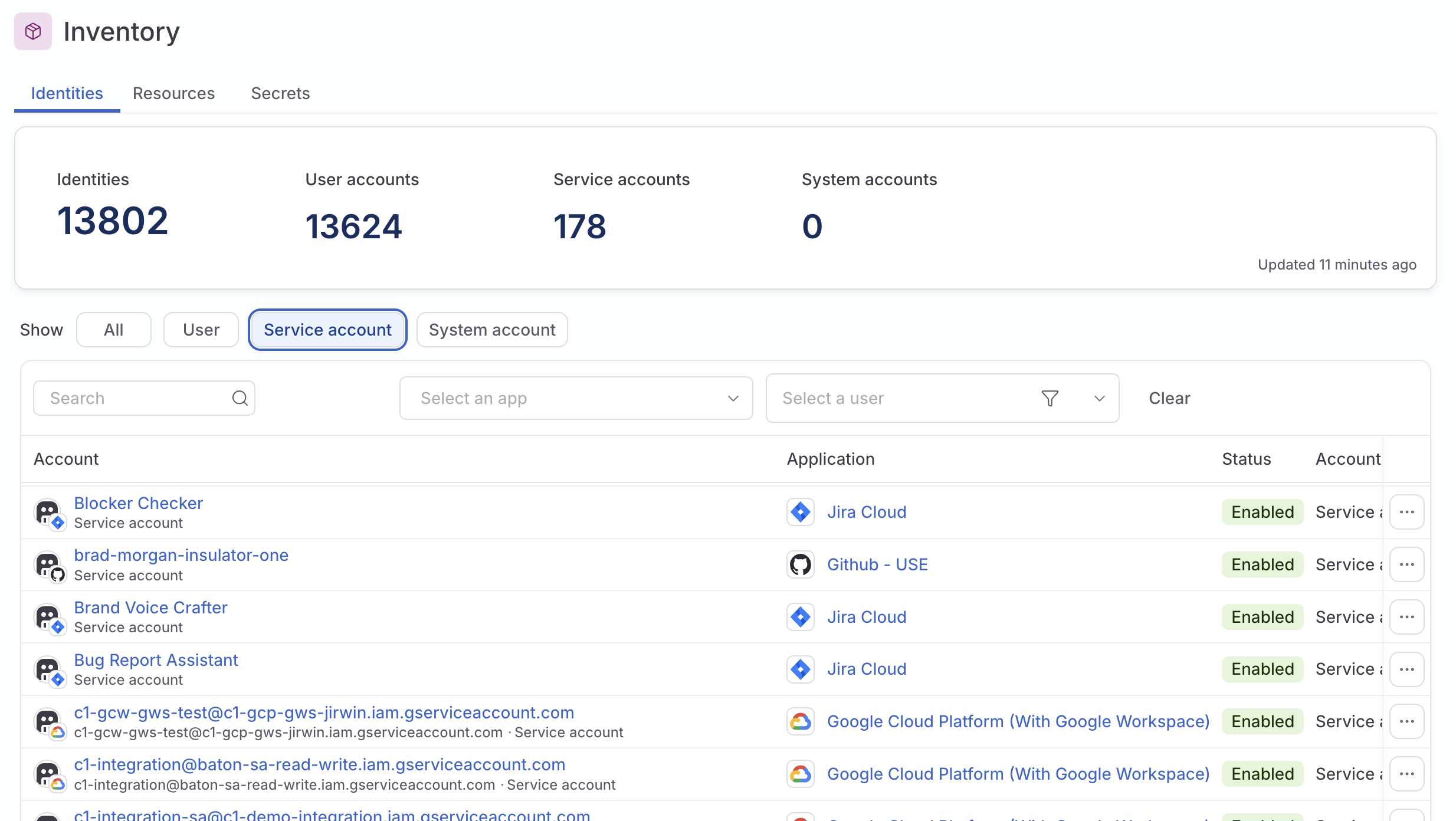 A screenshot of the Inventory page, showing the Identities tab with the service accounts filter engaged.