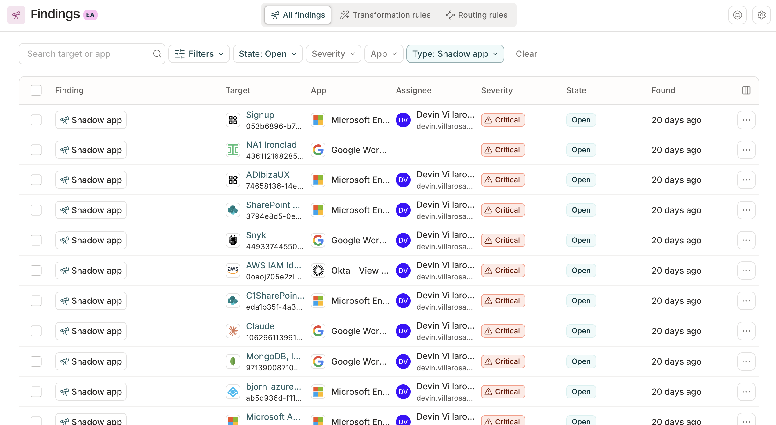 The Findings page filtered to Type: Shadow app, listing several discovered shadow apps as Critical-severity findings