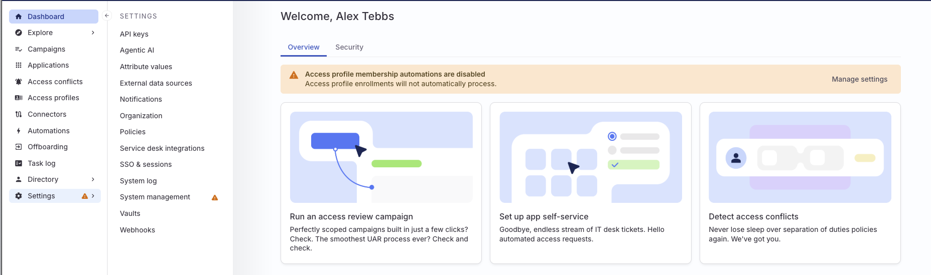 A screenshot showing ConductorOne with a banner stating that access profile membership automations are disabled.