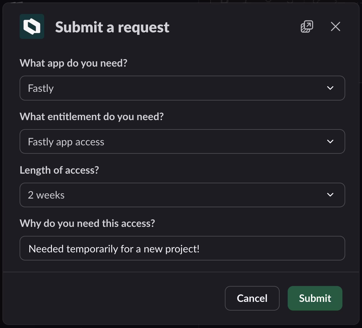 The Slack app showing the Submit a Request form.