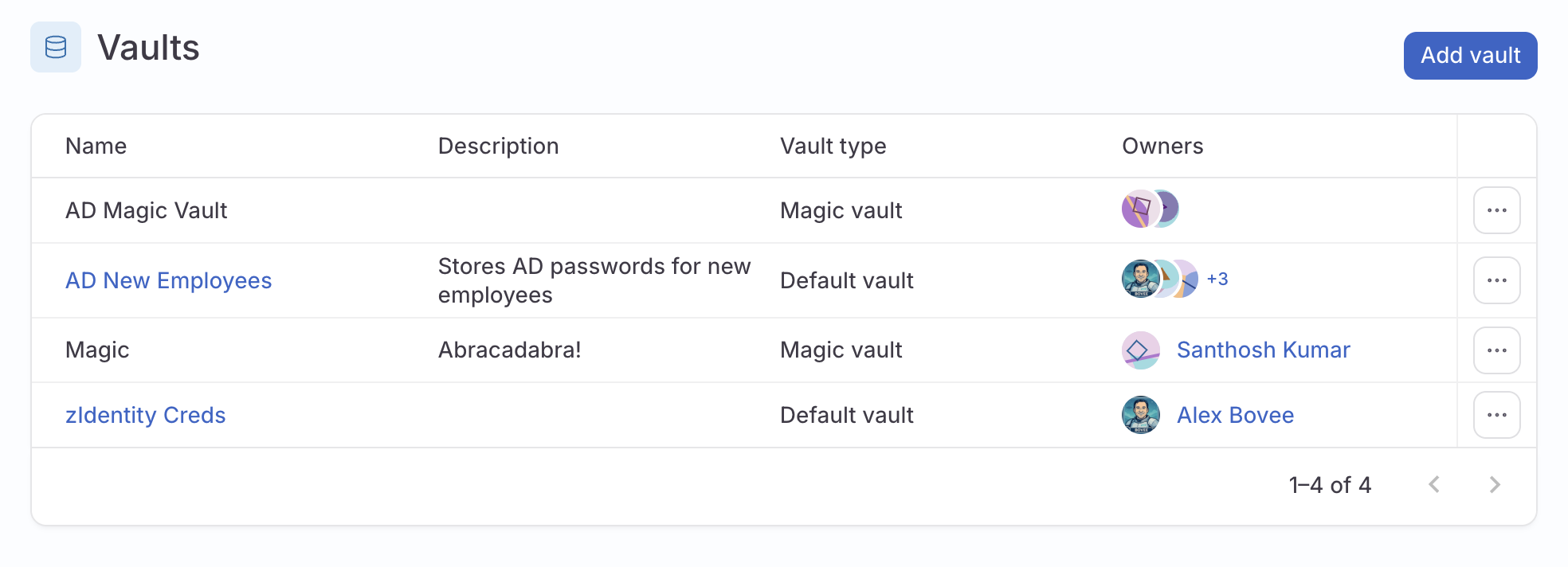 A vault's details view, showing three credentials.