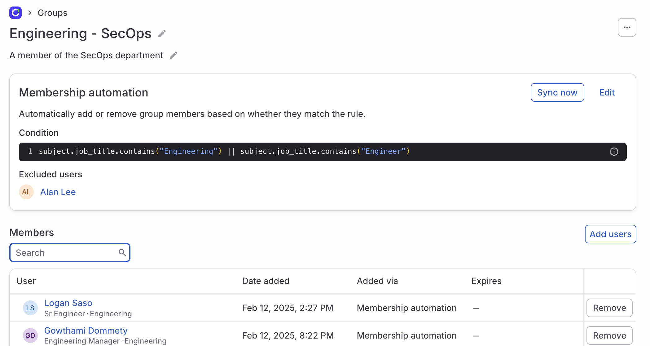 A screenshot of the ConductorOne app showing a sample ConductorOne group.