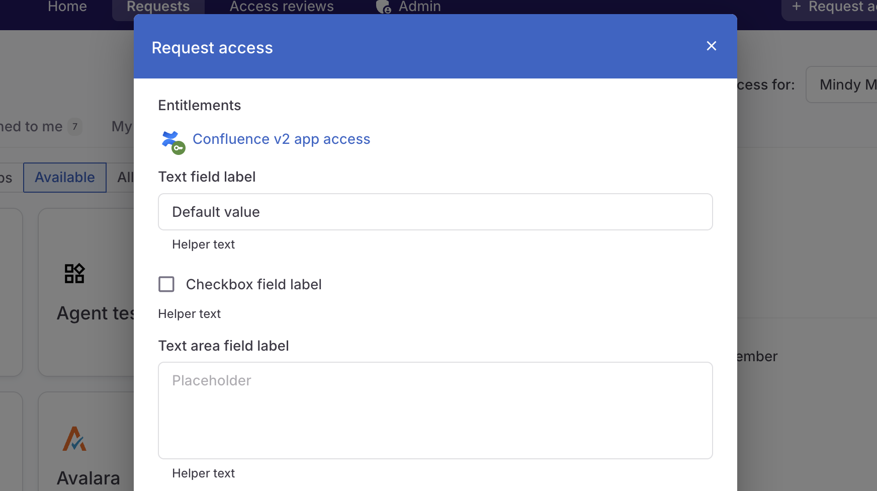 A screenshot showing a request modal on the Requests page with a request form showing the three field types. Each field element is labeled with its type: the text field's field label reads Text field label, the placeholder value is Placeholder, and so on.
