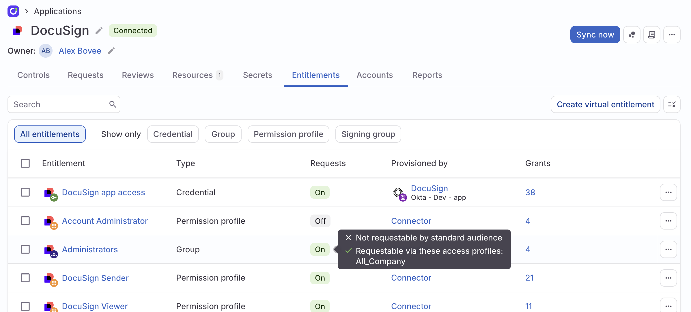 An app's Entitlements tab, with a tooltip displaying an entitlement's access profile and standard audience status displayed.