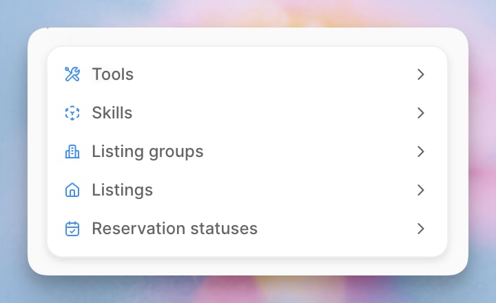 The Skill mention menu showing tools, Skills, listing groups, listings, and reservation statuses