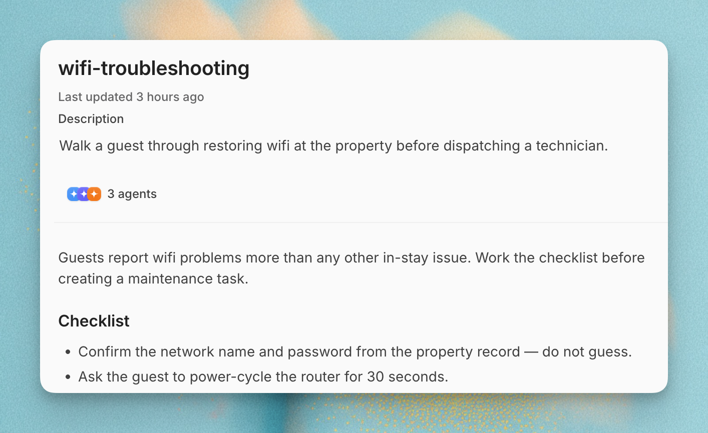 A Skill showing its description, assigned agents, and troubleshooting instructions