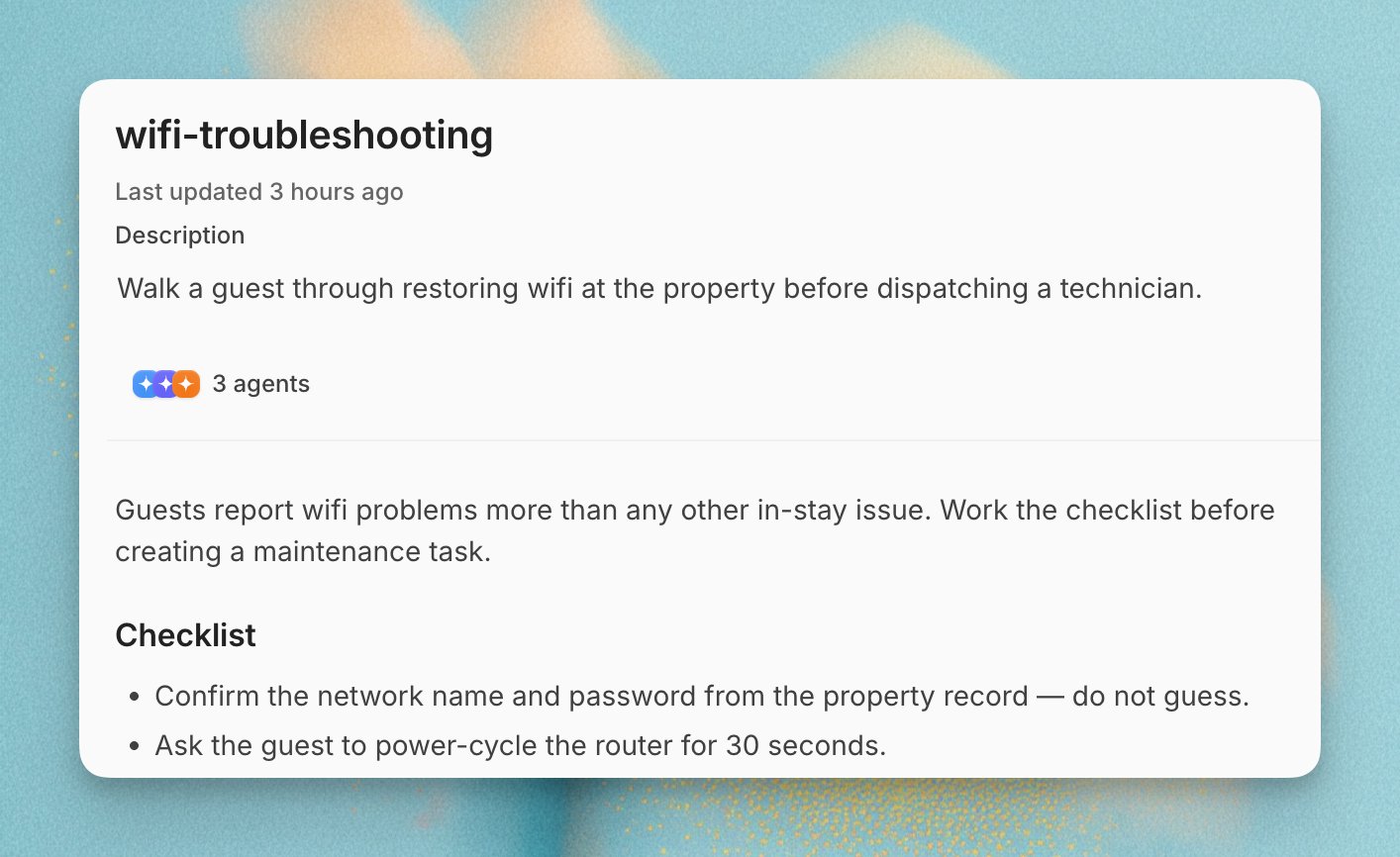 A Skill showing its description, assigned agents, and troubleshooting instructions