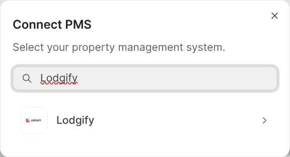 The Connect PMS provider list filtered to Lodgify