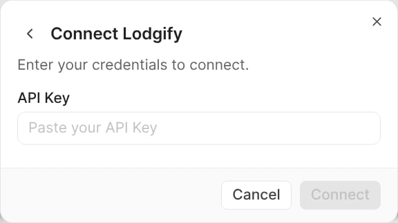 The Connect Lodgify dialog with the API Key field