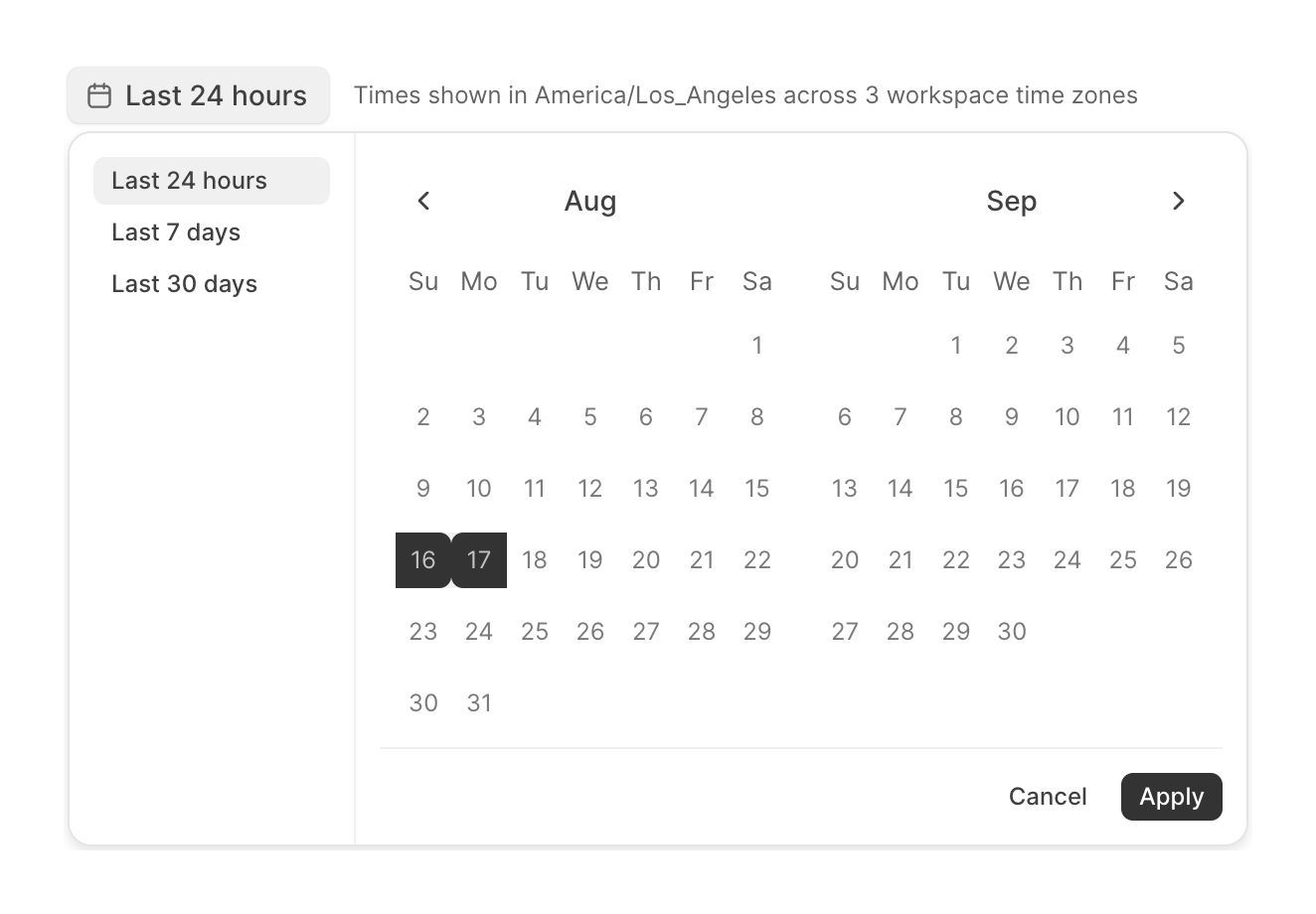 Workforce date range picker with Last 24 hours, Last 7 days and Last 30 days presets