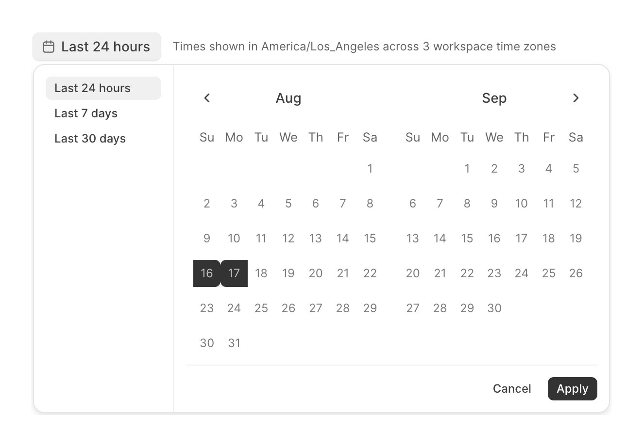 Workforce date range picker with Last 24 hours, Last 7 days and Last 30 days presets