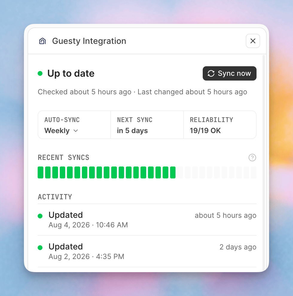 Sync history showing an up-to-date source, weekly auto-sync, the next sync, reliability, and recent activity