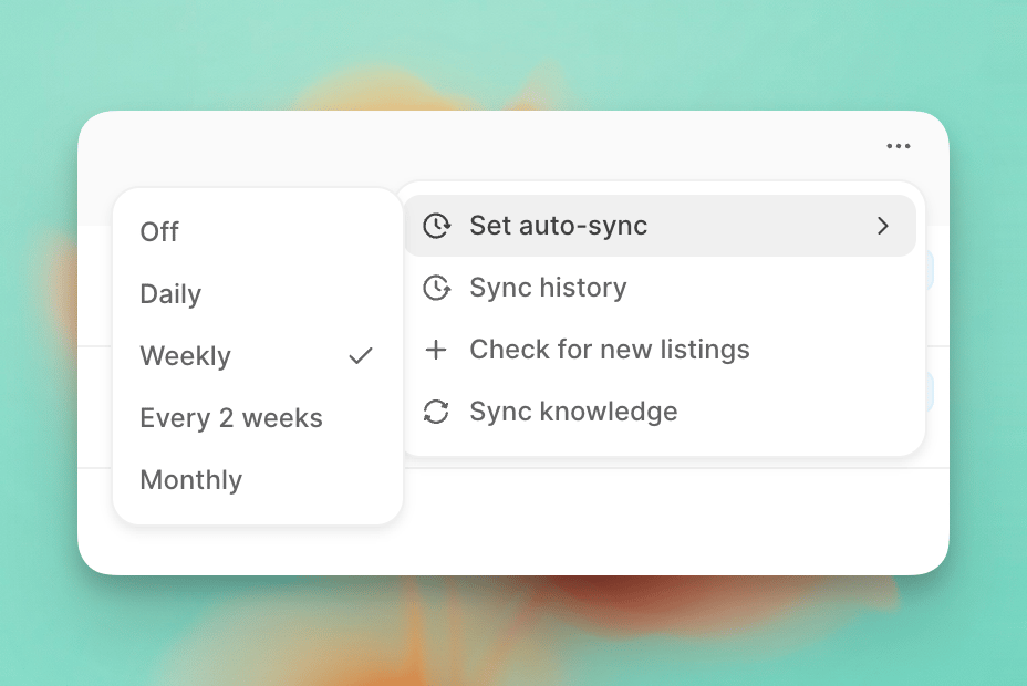 PMS source menu with Set auto-sync open and Weekly selected