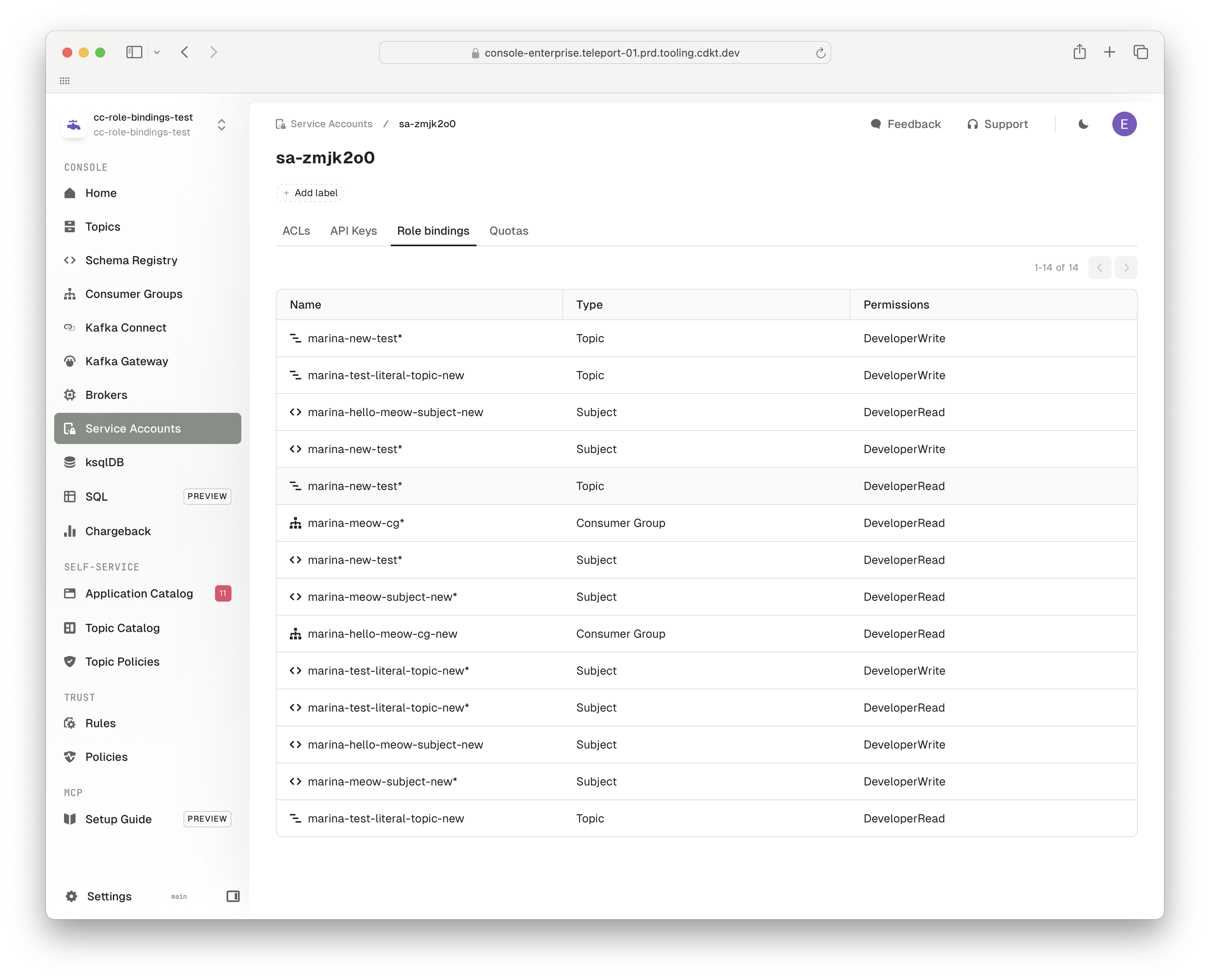 Service account role bindings tab