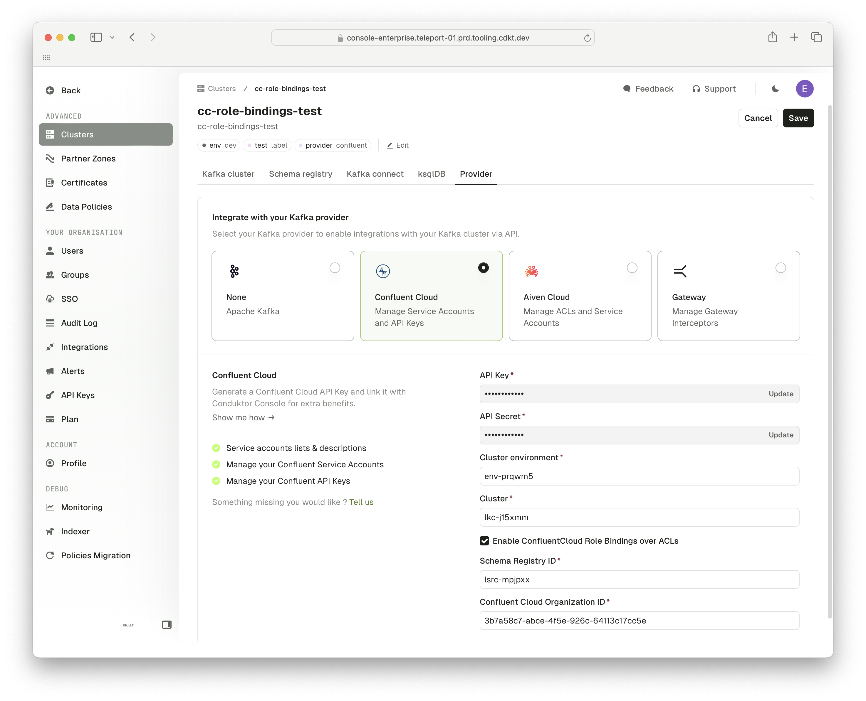 Confluent Cloud cluster provider settings