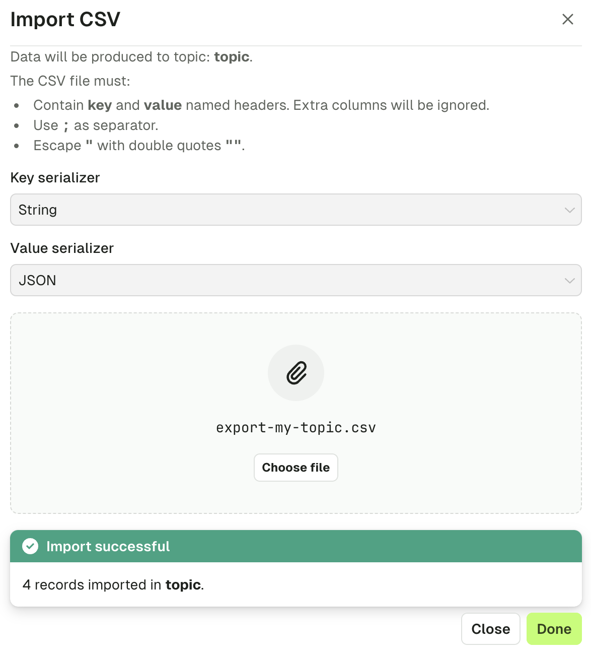Produce import CSV success