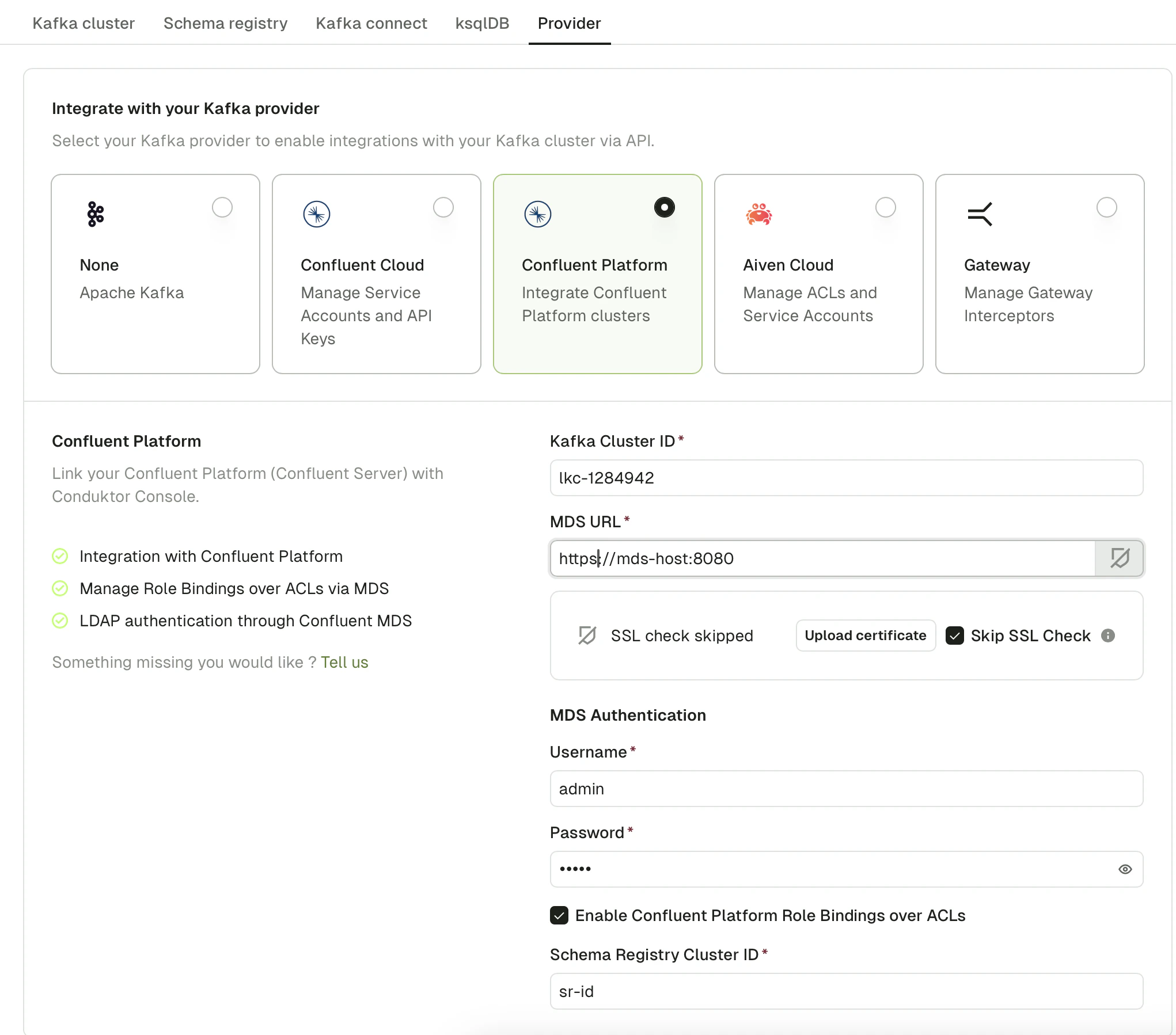 Confluent Platform cluster provider settings