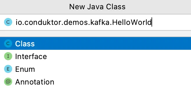 Screenshot showing how to create a new java class for our Kafka Maven project.