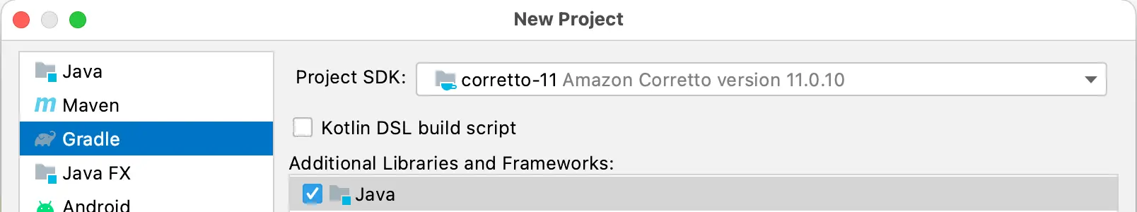 Screenshot showing how to create a new project file for your Kafka Gradle Java Project in IntelliJ