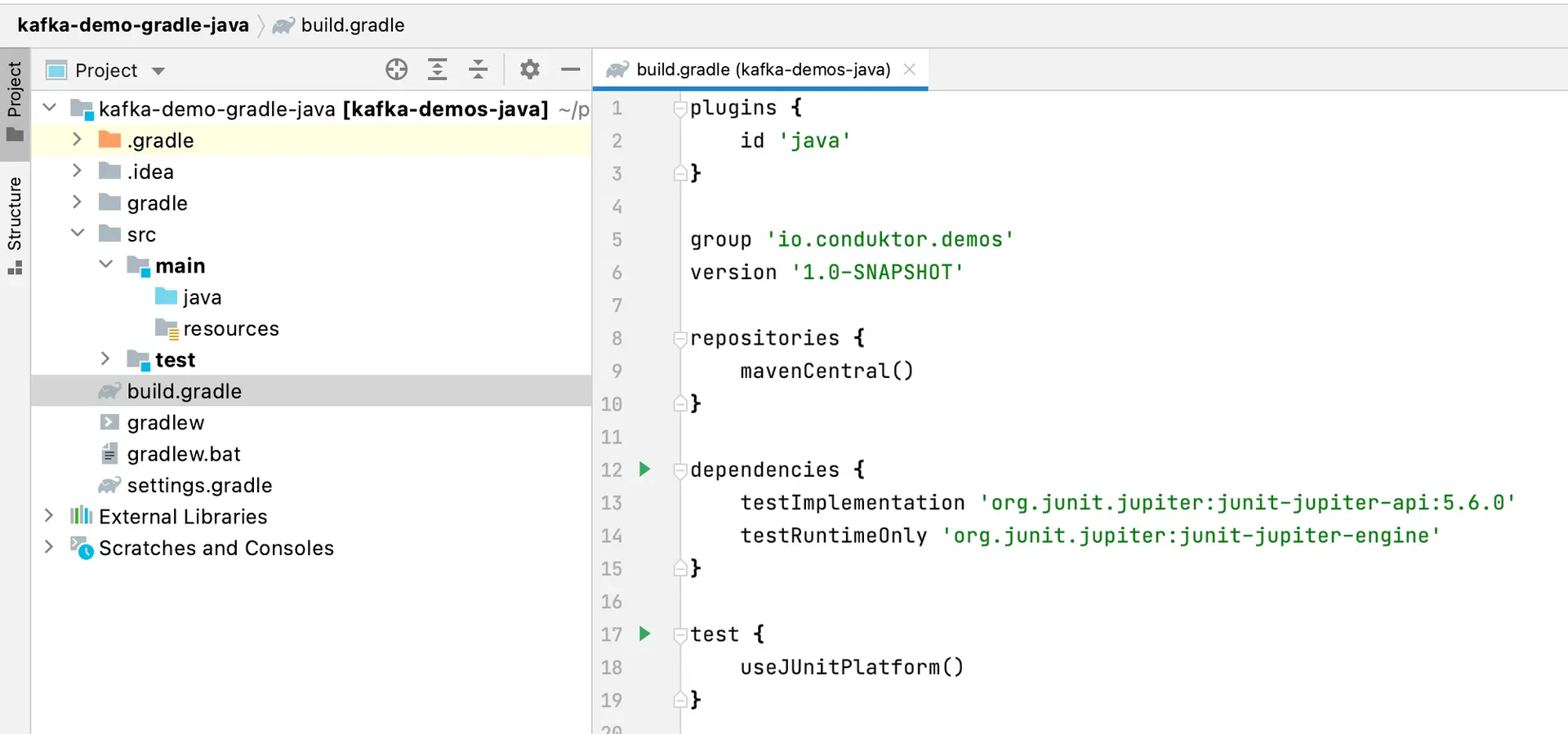Screenshot showing how to define dependencies for your Kafka project in Gradle.